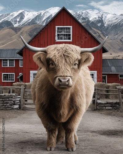 Obraz na płótnie Highland cattle in front of a red barn with mountains in the background during cloudy weather w salonie