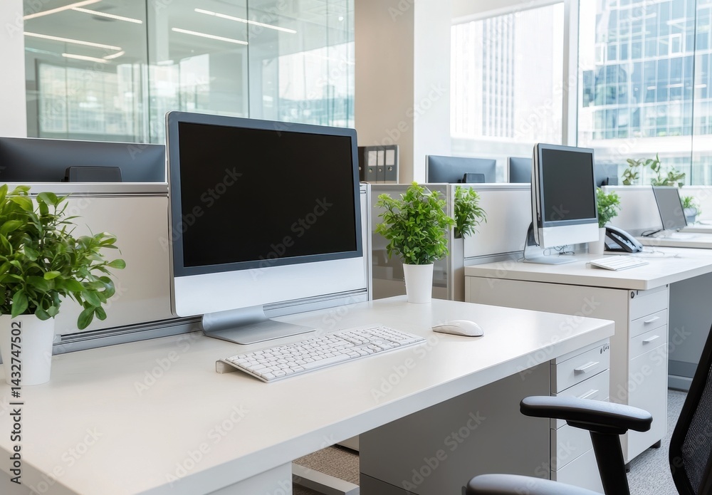 Fototapeta premium Modern Office Space with Monitors and Indoor Plants in Bright Environment