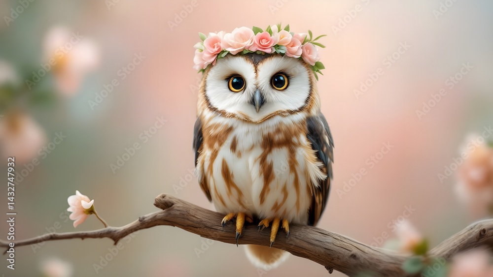 Fototapeta premium Enchanting Barn Owl Perched on Branch Wearing Delicate Pink Floral Crown
