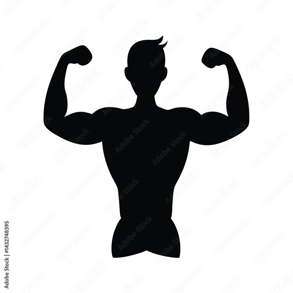 Fototapeta premium Black Silhouette Man Flexing Biceps Pose Illustration