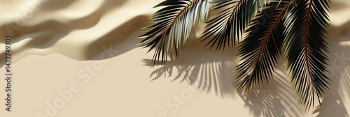A beach scene with a palm tree and a sandy beach. The palm tree is the main focus of the image, with its leaves and trunk creating a sense of tropical paradise. The sandy beach serves as a backdrop