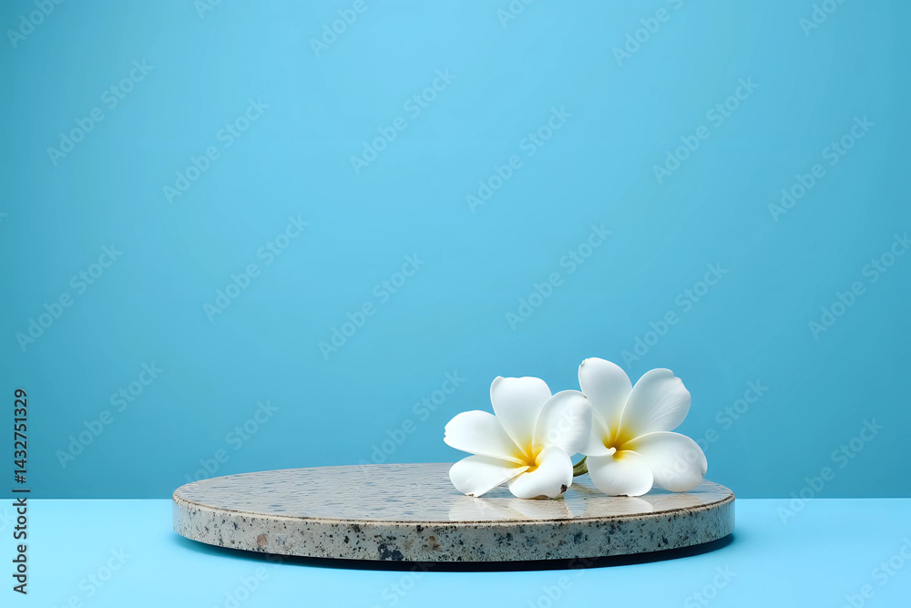 Flat granite pedestal and white flowers on blue background. Stone stand for natural design concept. Horizontal image, center composition, hard light, front view Flat granite pedestal and white flowers on blue background. Stone stand for natural design concept. Horizontal image, center composition, hard light, front view