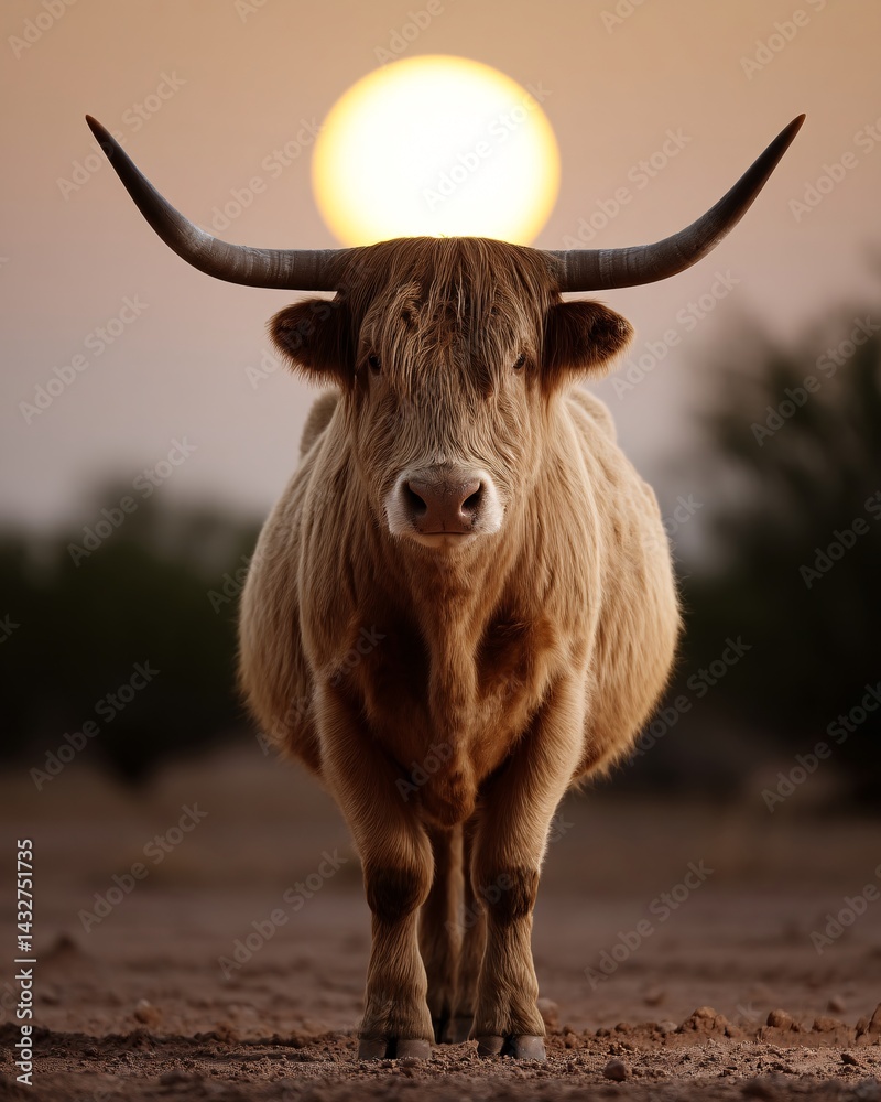 Close-Up of Highland Cow with Dramatic Sunset in Background Highlighting Rustic Rural Atmosphere
