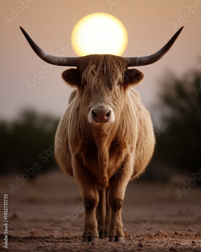 Obraz na płótnie Close-Up of Highland Cow with Dramatic Sunset in Background Highlighting Rustic Rural Atmosphere w salonie