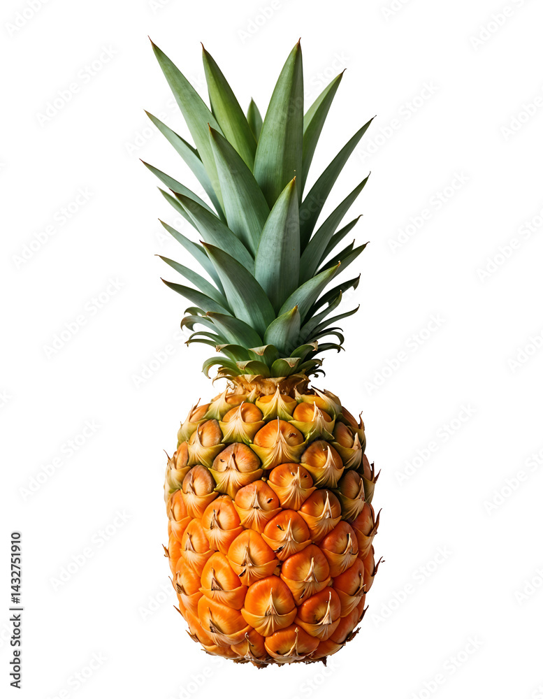 A fresh, ripe pineapple isolated on a clean white background, showcasing its vibrant yellow skin and spiky green crown in a minimal, high-resolution studio shot A fresh, ripe pineapple isolated on a clean white background, showcasing its vibrant yellow skin and spiky green crown in a minimal, high-resolution studio shot