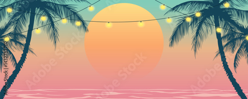 Evening beach with palm trees at sunset. Palm trees with garlands on a paradise beach. Beach party. Palm trees with lanterns on the ocean shore. Vector holiday illustration for vacation design.
