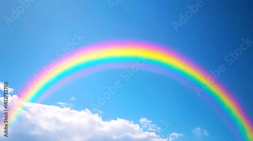 Colorful rainbow arches across a vibrant blue sky.