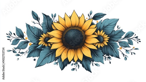 Decorative sunflower bouquet design on white background