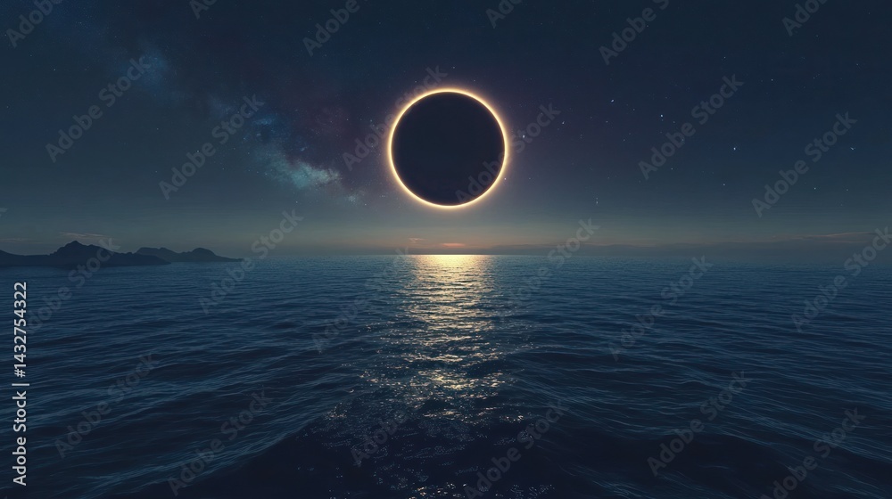 Obraz premium Total solar eclipse over a tranquil ocean