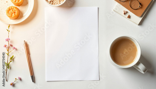 Cozy home workspace with white A4 paper sheet and coffee in soft morning light