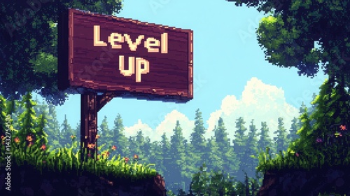 Pixel Art Level Up Sign in a Forest