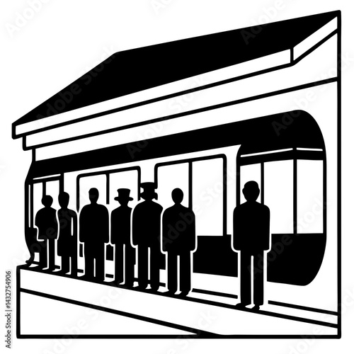 Silhouette of a train station with passengers waiting on the platform