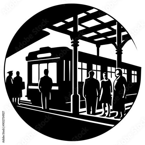 Silhouette of a train station with passengers waiting on the platform
