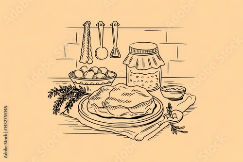 Hand-drawn illustration of a prepared meal on a table. photo