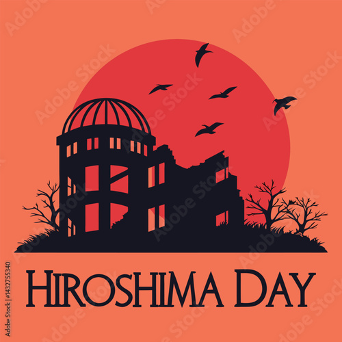 Hiroshima Day Commemoration: A stylized silhouette illustration commemorating Hiroshima Day, showcasing a symbolic representation of the aftermath and resilience, with a vibrant sky.