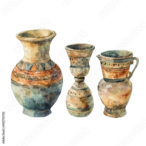 illustration of Elamite Bronze Vessels, watercolor vector, isolated on a white background.