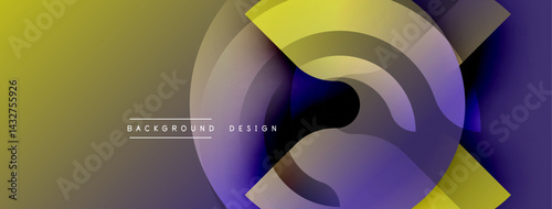 Abstract design features overlapping circles, gradients. Yellow, purple hues dominate composition. Modern aesthetic.