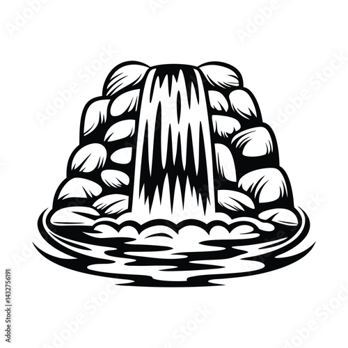 Monochrome Waterfall Illustration, Rocks, Cascading Water, Flowing, Black And White Design