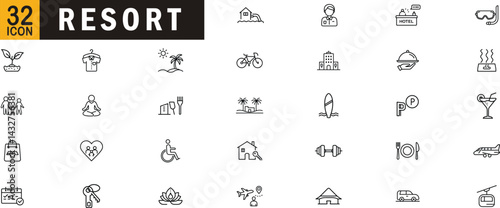 Resort outline icon set. Vacation elements, travel symbols, hotel services, beach activities, dining, wellness and more.