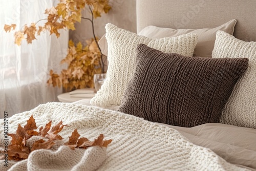Fototapeta Naklejka Na Ścianę i Meble -  A cozy autumnal bedroom with knitted throws and pillows.