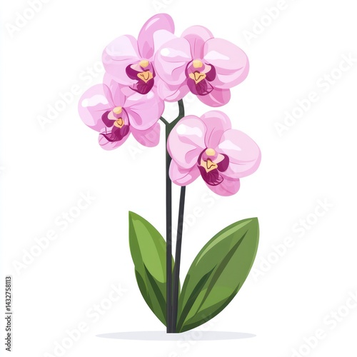 Pink orchid illustration, floral design, isolated,  white background