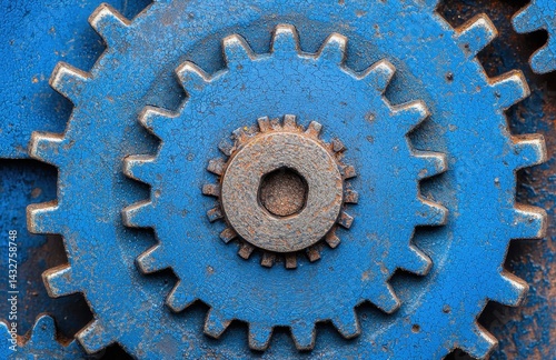 Rusty Blue Gear Mechanism Close-Up on Industrial Background