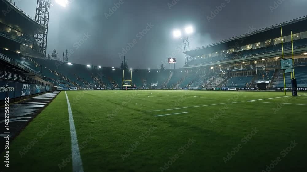 Empty football field under heavy rain with bright stadium lights illuminating the wet grass at night Empty football field under heavy rain with bright stadium lights illuminating the wet grass at night