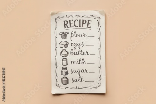 Vintage recipe list featuring basic baking ingredients. photo