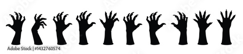 Halloween zombie hands silhouettes set isolated flat illustration on white background.