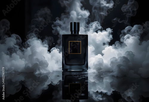 A Luxury Perfume Bottle On a Reflective Black Glass Surface, Surrounded By Soft Mist And Dramatic Shadows ,Studioshot Product Photograpy Concepts
