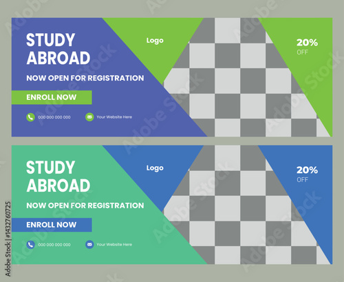  Study abroad education horizontal banner or facebook cover template

