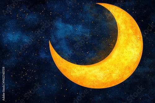 Golden Crescent Moon Against a Deep Blue Starry Night Sky