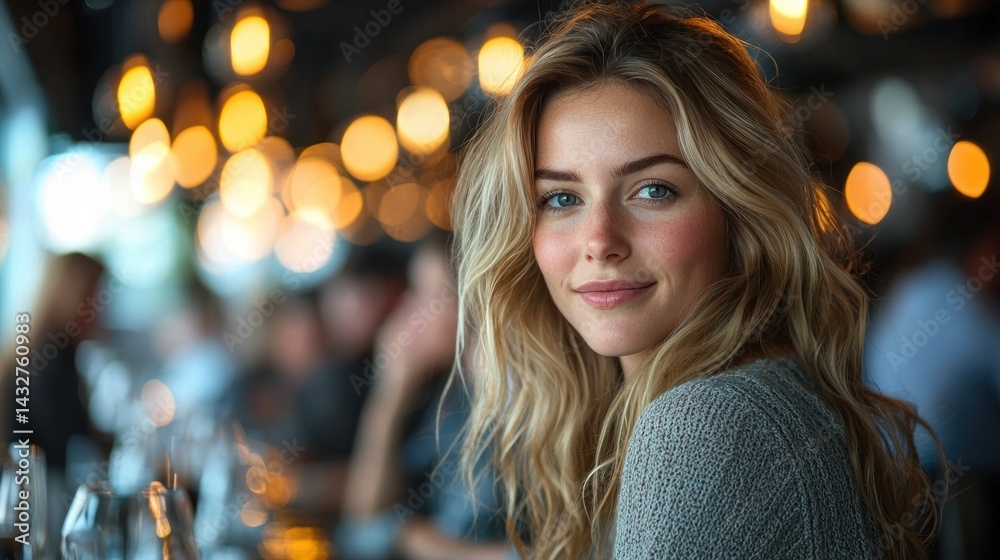 Obraz premium Stunning Blonde Woman in a Cozy Bar Setting