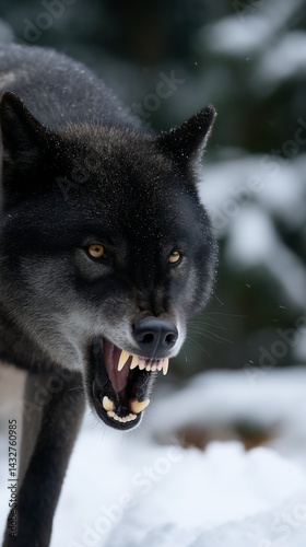 Ferocious black wolf snarling in snowy forest