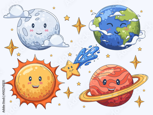 An illustration featuring cartoon-style celestial bodies such as the Earth, moon, sun, comet, stars, and Saturn.
Each body has a smiling expression and cute.