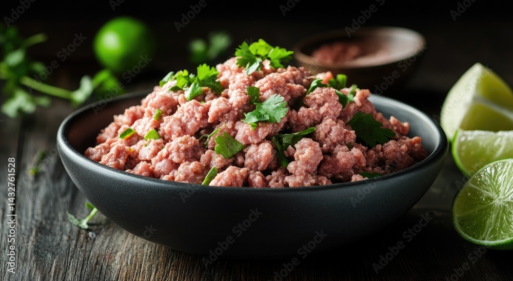 Ground meat seasoned with cilantro in a dark bowl. Ground meat seasoned with cilantro in a dark bowl.