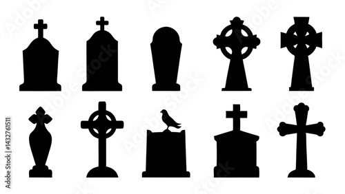 set of tombstone silhouette vector on tranparent background