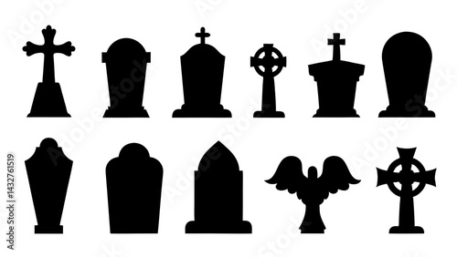 set of tombstone silhouette vector on tranparent background