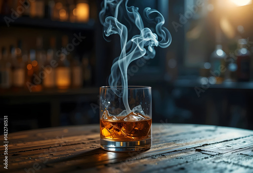 A Glass Of Whiskey On a Wooden Surface With Elegant Swirls Of Smoke Rising Above It And Ice Cubes On The Whiskey Glass , Dark Pub Style Background, Object Photography 