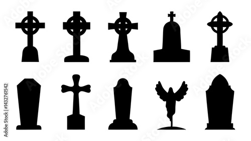 set of tombstone silhouette vector on tranparent background