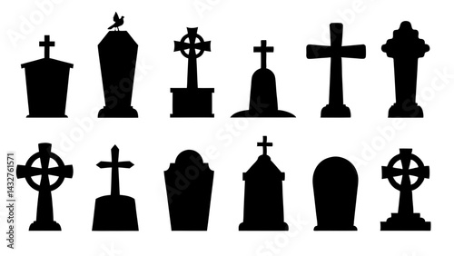 set of tombstone silhouette vector on tranparent background