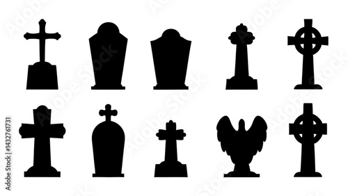 set of tombstone silhouette vector on tranparent background