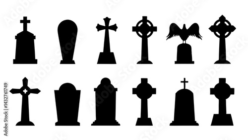 set of tombstone silhouette vector on tranparent background