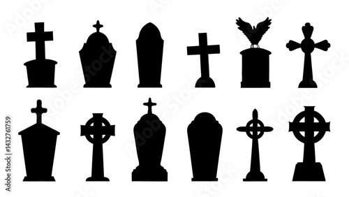 set of tombstone silhouette vector on tranparent background