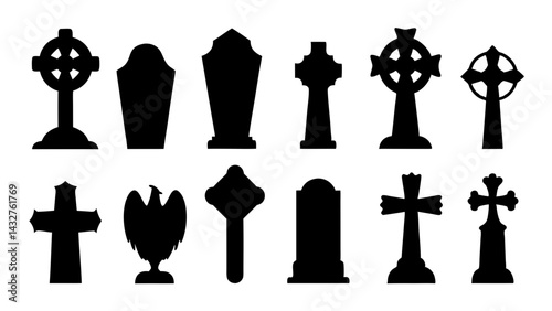 set of tombstone silhouette vector on tranparent background