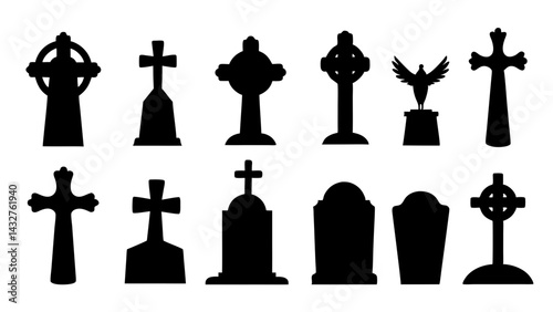 set of tombstone silhouette vector on tranparent background