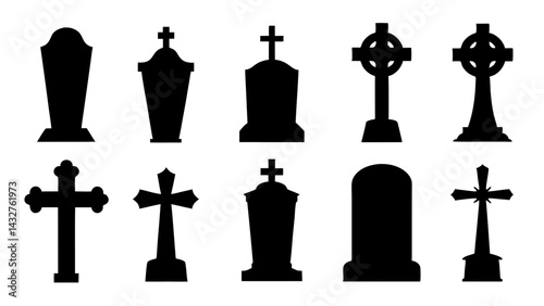 set of tombstone silhouette vector on tranparent background