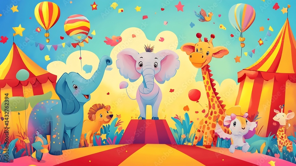 Joyful Circus Animals: A Vibrant, Whimsical Illustration Joyful Circus Animals: A Vibrant, Whimsical Illustration
