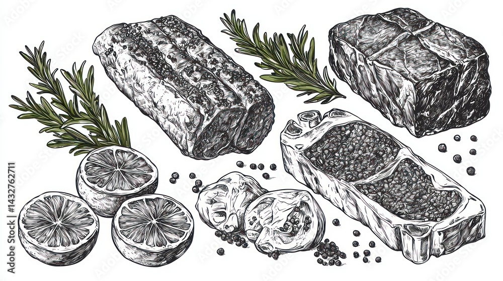 Naklejka premium Delicious Grilled Steaks with Rosemary and Lemon