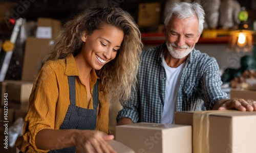 Two people working together in a warehouse, carefully packaging boxes